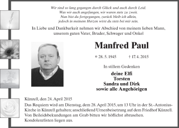 Traueranzeige von Manfred Paul 