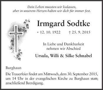 Traueranzeige von Irmgard Sodtke 