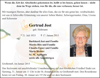 Traueranzeige von Gertrud Jost 