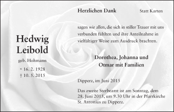 Traueranzeige von Hedwig Leibold 