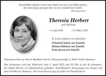 Traueranzeige von Theresia Herbert 