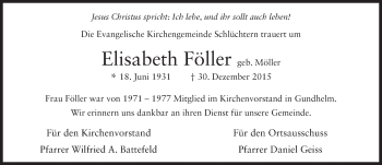Traueranzeige von Elisabeth Föller 
