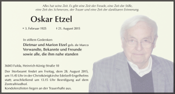 Traueranzeige von Oskar Etzel 