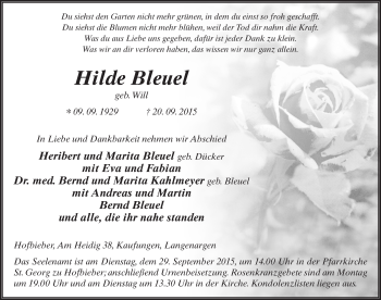 Traueranzeige von Hilde Bleuel 
