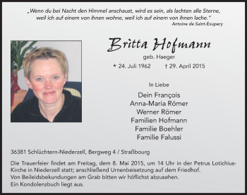 Traueranzeige von Britta Hofmann 