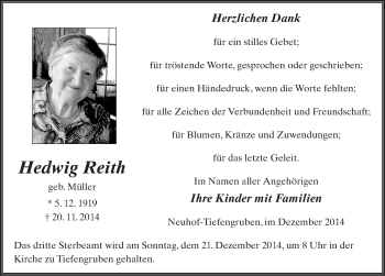 Traueranzeige von Hedwig Reith 