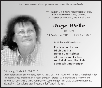 Traueranzeige von Inge Welle 