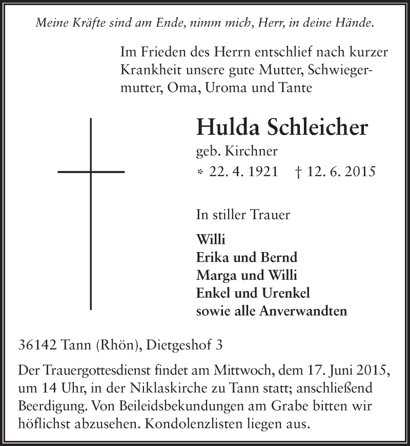  Traueranzeige für Hulda Schleicher vom 15.06.2015 aus 