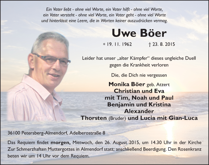  Traueranzeige für Uwe Böer vom 25.08.2015 aus 