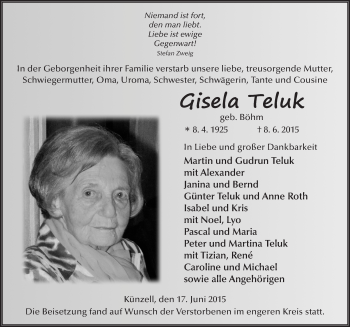 Traueranzeige von Gisela Teluk 