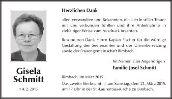 Traueranzeige von Gisela Schmitt 