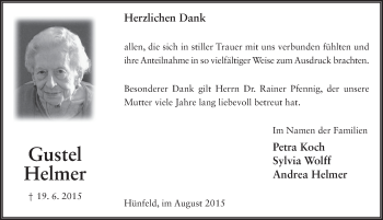 Traueranzeige von Gustel Helmer 