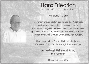 Traueranzeige von Hans Friedrich 