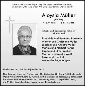 Traueranzeige von Aloysia Müller 