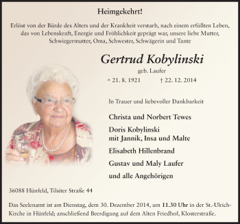 Traueranzeige von Gertrud Kobylinski 