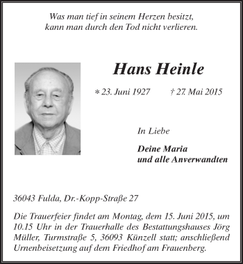 Traueranzeige von Hans Heinle 