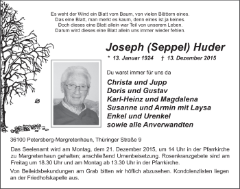 Traueranzeige von Joseph Huder 
