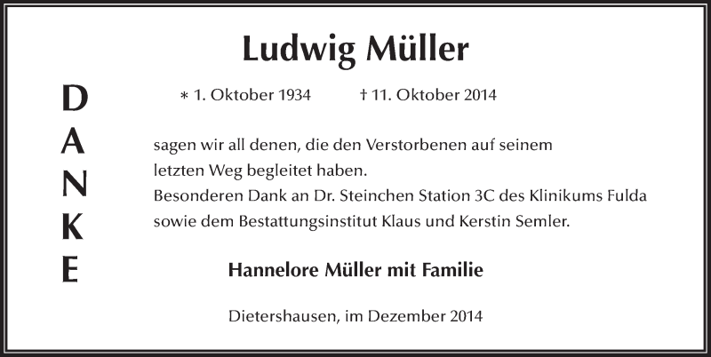  Traueranzeige für Ludwig Müller vom 19.12.2014 aus 