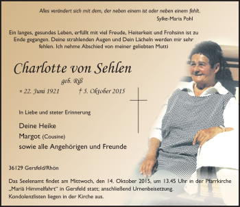 Traueranzeige von Charlotte von Sehlen 