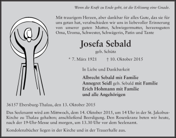 Traueranzeige von Josefa Sebald 