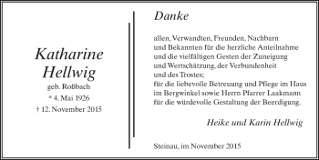 Traueranzeige von Katharine Hellwig 