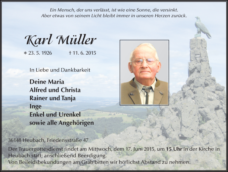  Traueranzeige für Karl Müller vom 15.06.2015 aus 