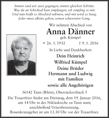 Traueranzeige von Anna Dänner 