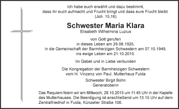 Traueranzeige von Schwester Maria Klara 