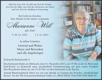 Traueranzeige von Marianne Will 