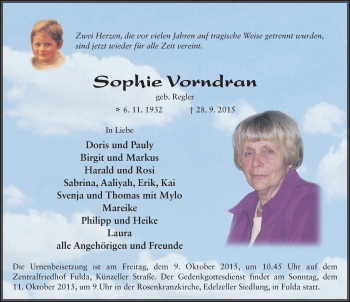 Traueranzeige von Sophie Vorndran 