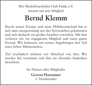 Traueranzeige von Bernhard Klemm 