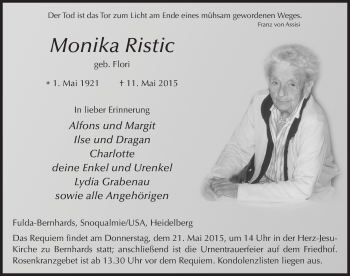 Traueranzeige von Monika Ristic 