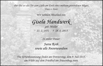 Traueranzeige von Gisela Handwerk 