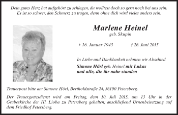 Traueranzeige von Marlene Heinel 