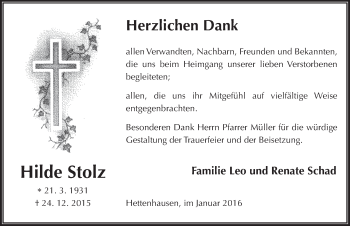 Traueranzeige von Hilde Stolz 