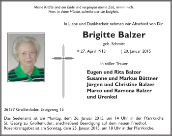 Traueranzeige von Brigitte Balzer 