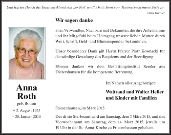 Traueranzeige von Anna Roth 