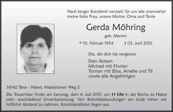 Traueranzeige von Gerda Möhring 