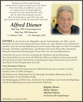 Traueranzeige von Alfred Diener 