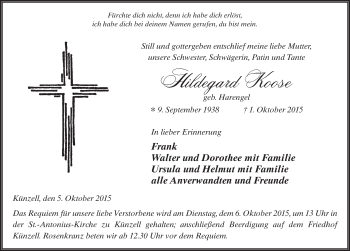 Traueranzeige von Hildegard Koose 