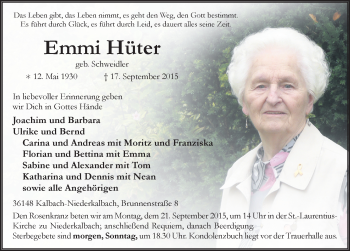Traueranzeige von Emmi Hüter 