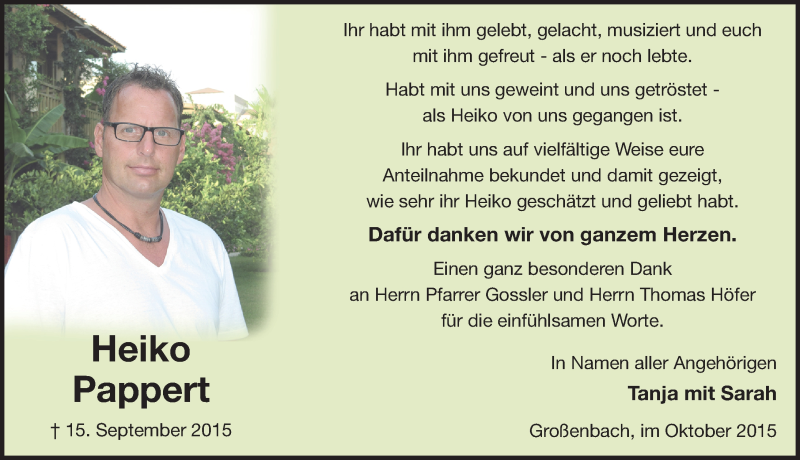  Traueranzeige für Heiko Pappert vom 24.10.2015 aus 