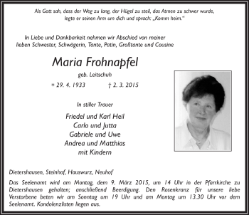 Traueranzeige von Maria Frohnapfel 