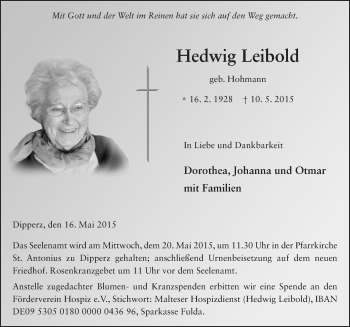 Traueranzeige von Hedwig Leibold 