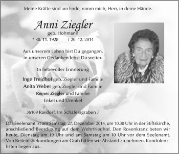 Traueranzeige von Anni Ziegler 