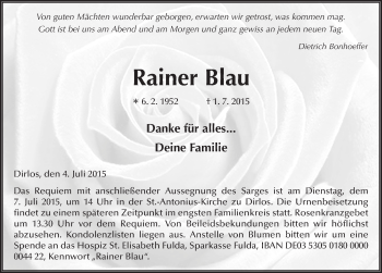 Traueranzeige von Rainer Blau 