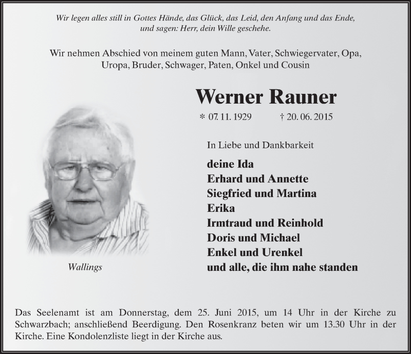  Traueranzeige für Werner Rauner vom 24.06.2015 aus 