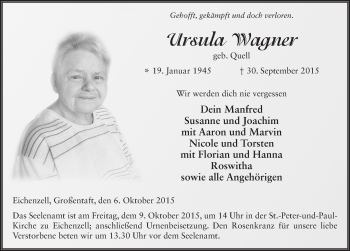 Traueranzeige von Ursula Wagner 