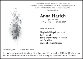 Traueranzeige von Anna Harich 