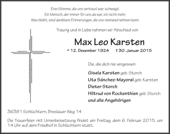 Traueranzeige von Max Leo Karsten 